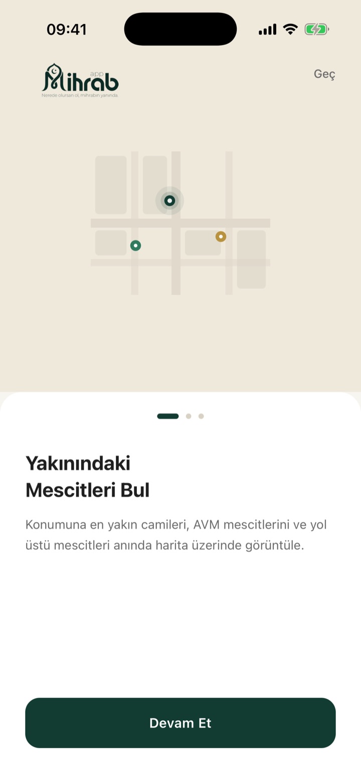 Mihrap tanıtım ekranı — yakındaki mescitler